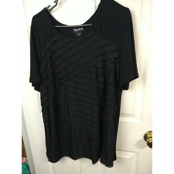 Maggie Barnes Woman 14/16 Blouse Black Front Sheer Tiered Ruffle S/S Pullover - Picture 2 of 9